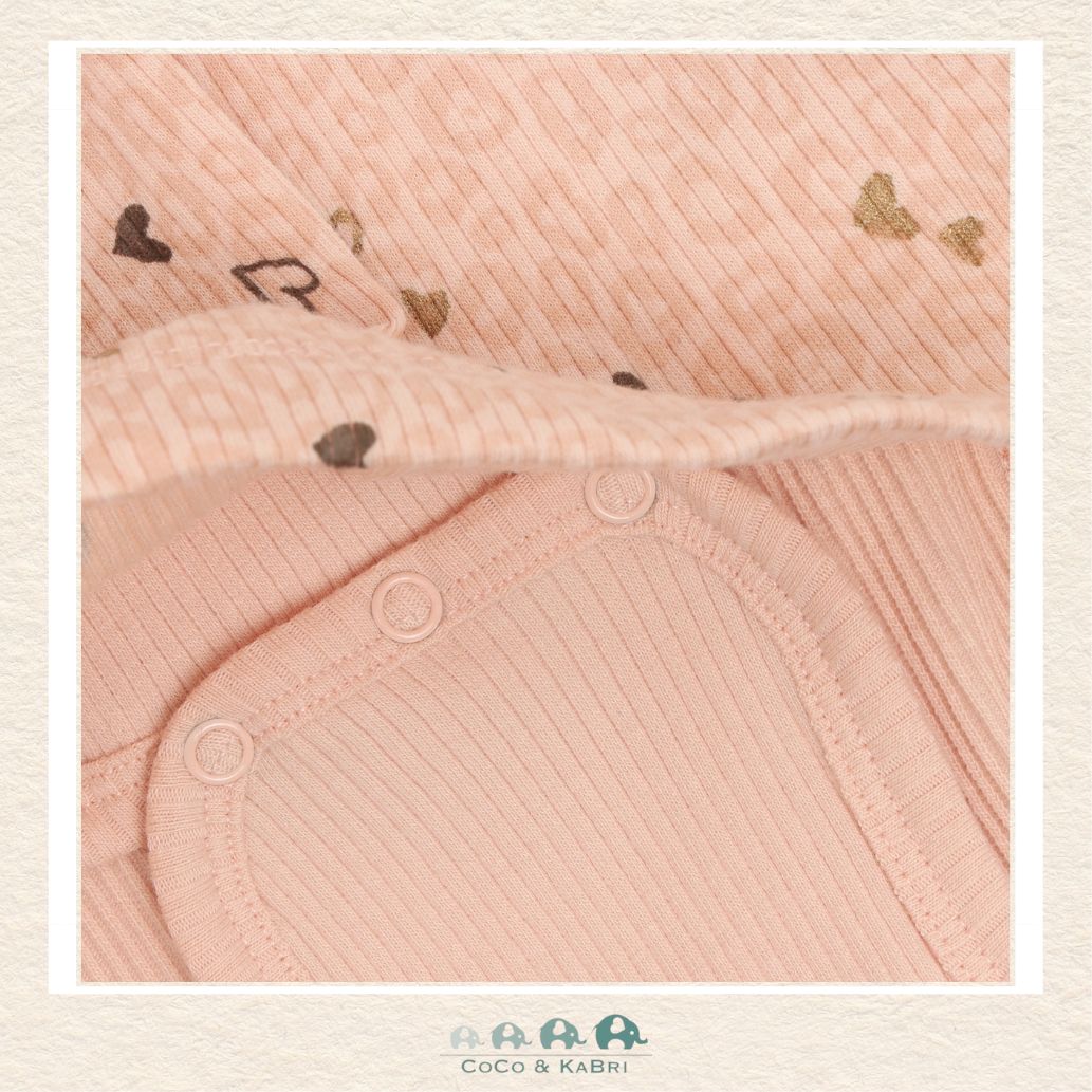 Close-up detail of the Minymo Body Dress highlighting the delicate Ribbed Cameo Rose fabric and the premium snap fasteners at the shoulder for easy dressing