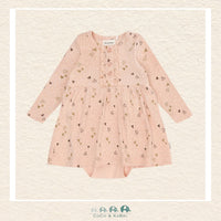 Front view of the Minymo Baby Girls Body Dress in Cameo Rose featuring a soft vertical ribbed texture, a sweet gathered skirt, and integrated bodysuit styling