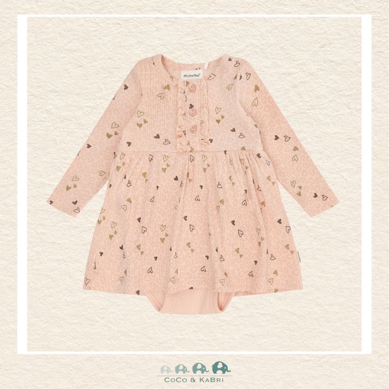 Front view of the Minymo Baby Girls Body Dress in Cameo Rose featuring a soft vertical ribbed texture, a sweet gathered skirt, and integrated bodysuit styling