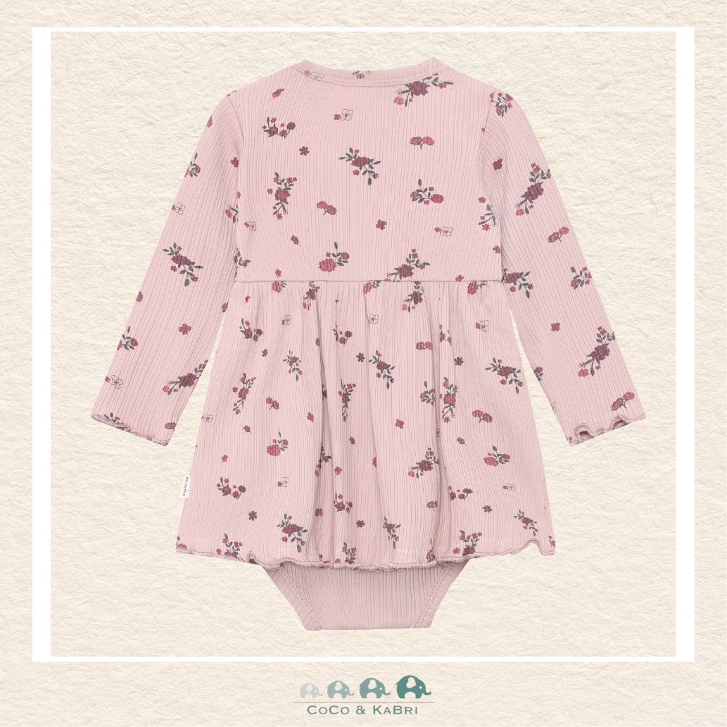 Back view of the Minymo Fawn Ribbed Body Dress showing the seamless long-sleeve construction and the easy-access snap closures for quick diaper changes