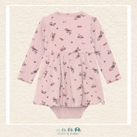 Back view of the Minymo Fawn Ribbed Body Dress showing the seamless long-sleeve construction and the easy-access snap closures for quick diaper changes