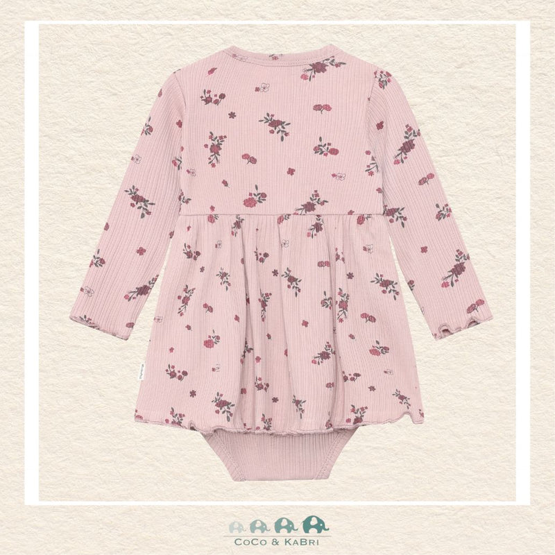 Back view of the Minymo Fawn Ribbed Body Dress showing the seamless long-sleeve construction and the easy-access snap closures for quick diaper changes