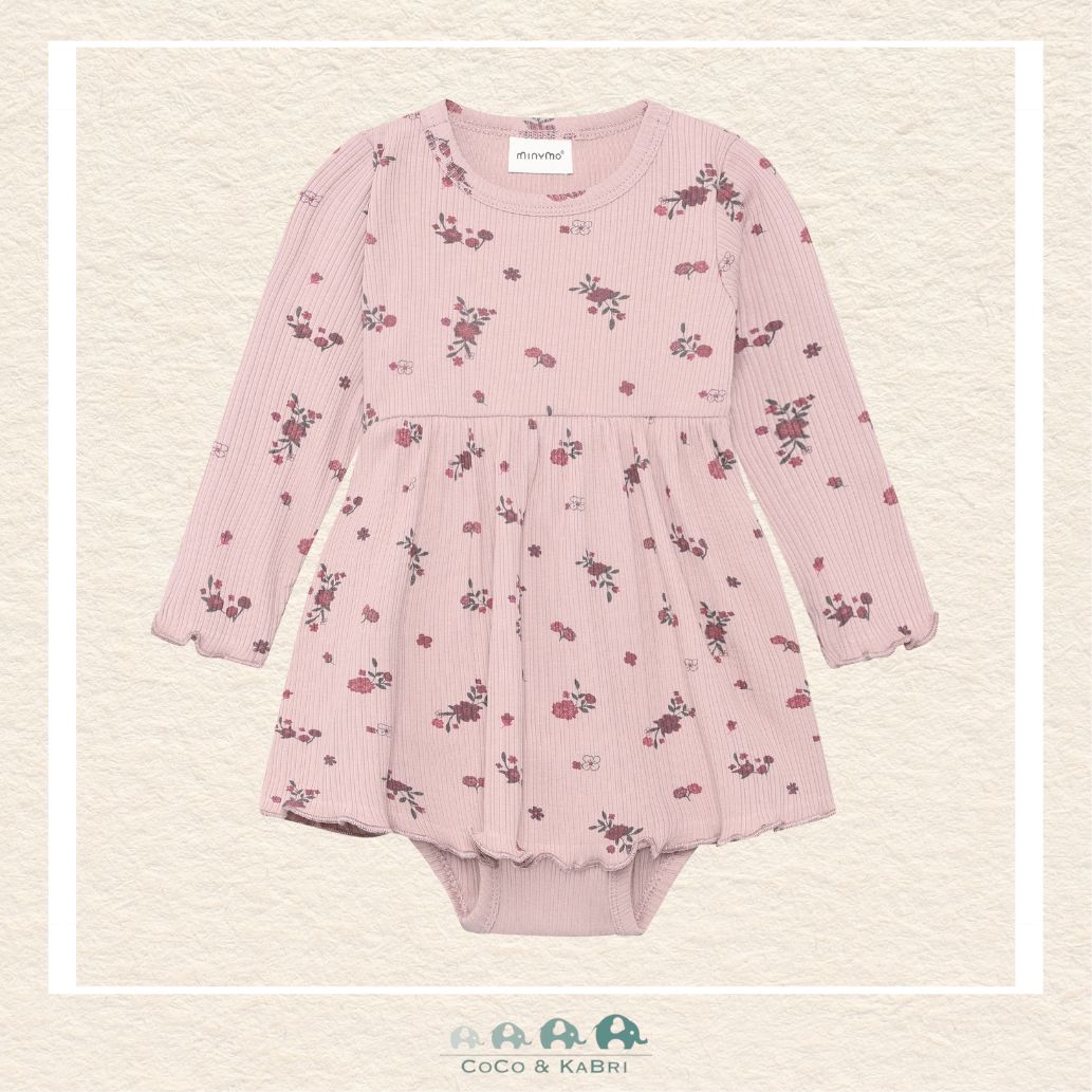 Front view of the Minymo Baby Girls Body Dress in Fawn featuring a soft ribbed texture, integrated bodysuit snaps, and a sweet gathered skirt in a cotton-stretch knit