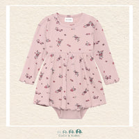 Front view of the Minymo Baby Girls Body Dress in Fawn featuring a soft ribbed texture, integrated bodysuit snaps, and a sweet gathered skirt in a cotton-stretch knit
