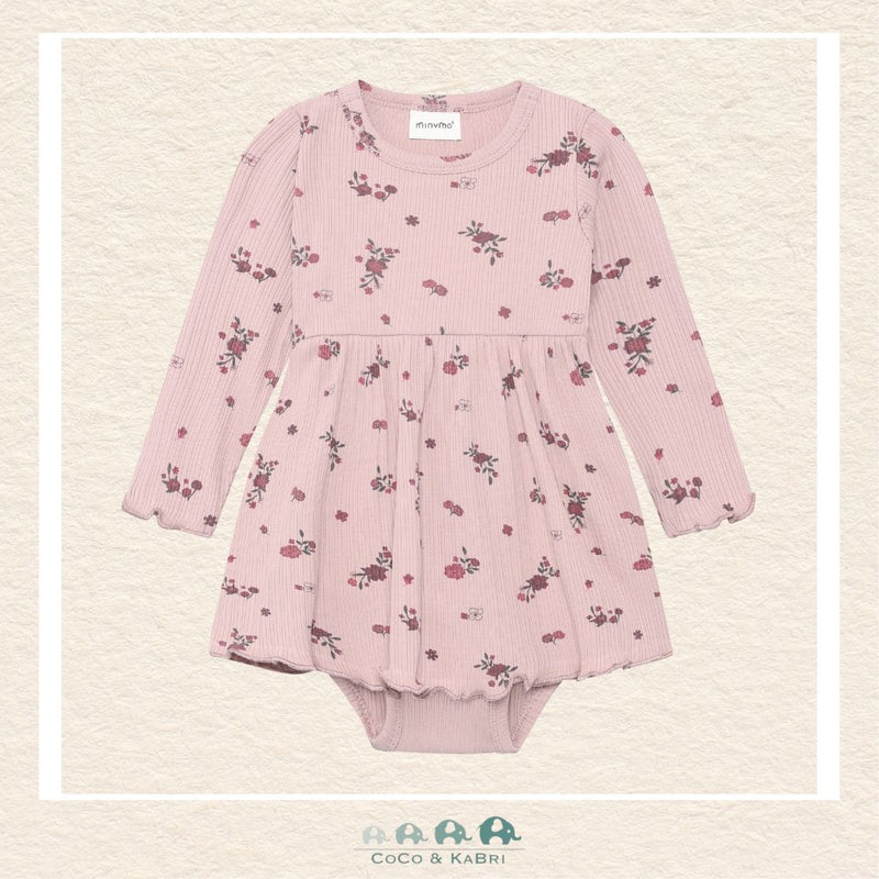 Front view of the Minymo Baby Girls Body Dress in Fawn featuring a soft ribbed texture, integrated bodysuit snaps, and a sweet gathered skirt in a cotton-stretch knit
