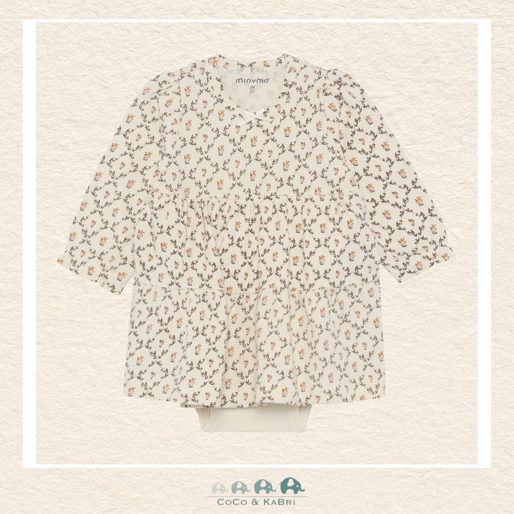 Front view of the Minymo Baby Girls Body Dress in Seedpearl Floral featuring a delicate vintage-inspired floral print, a gathered skirt, and integrated bodysuit construction