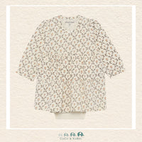 Front view of the Minymo Baby Girls Body Dress in Seedpearl Floral featuring a delicate vintage-inspired floral print, a gathered skirt, and integrated bodysuit construction