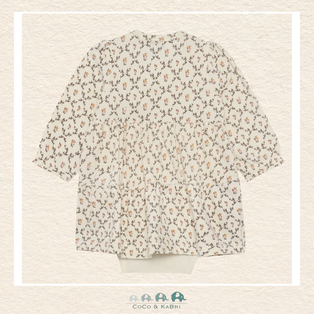 Back view of the Minymo Seedpearl Floral Dress showing the seamless long-sleeve design and the high-quality cotton-stretch knit tailored for active infants