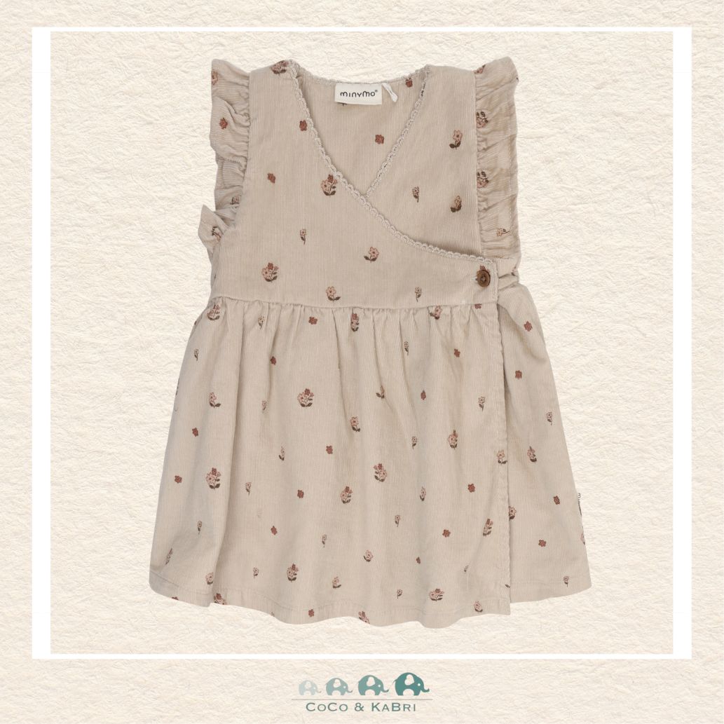 Front view of the Minymo Baby Girls Corduroy Dress in Feather Gray featuring a timeless pinafore silhouette, delicate ruffled shoulders, and a soft 100% cotton-woven texture