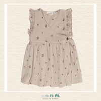 Front view of the Minymo Baby Girls Corduroy Dress in Feather Gray featuring a timeless pinafore silhouette, delicate ruffled shoulders, and a soft 100% cotton-woven texture