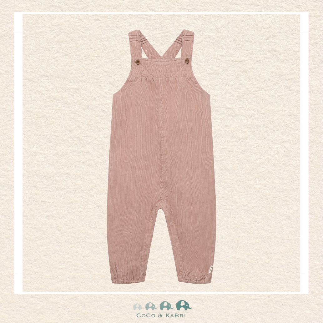 Front view of the Minymo Baby Girls Corduroy Overalls in Fawn featuring a soft muted pink tone, ruffled shoulder details, and a classic bib front in fine-wale cotton