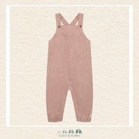 Front view of the Minymo Baby Girls Corduroy Overalls in Fawn featuring a soft muted pink tone, ruffled shoulder details, and a classic bib front in fine-wale cotton