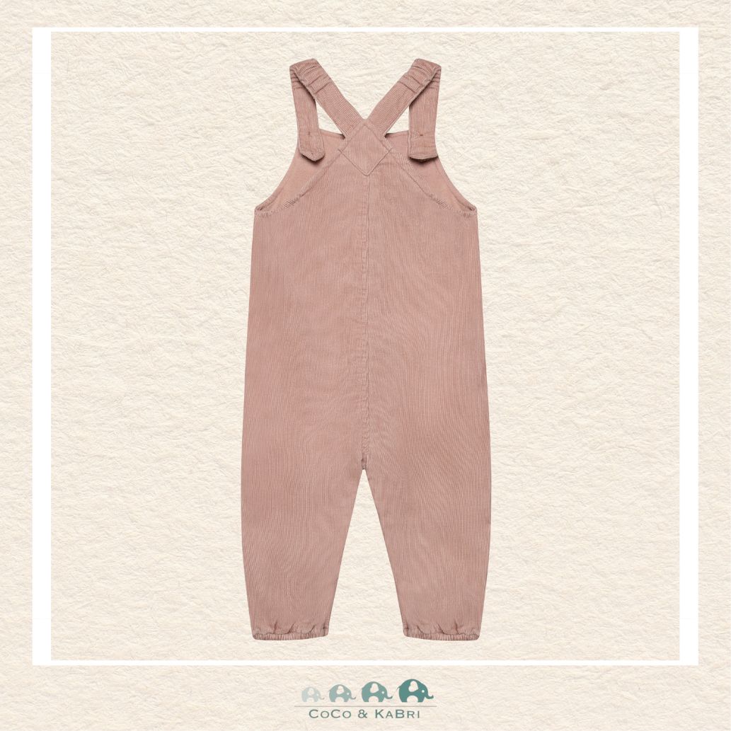 Back view of the Minymo Fawn Corduroy Overalls showing the comfortable elasticized back waist and the durable 100% cotton-woven construction