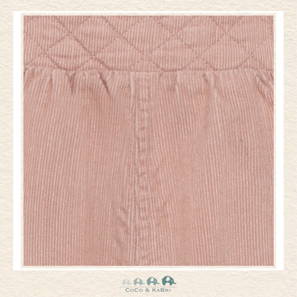 Close-up detail of the Minymo Baby Overalls highlighting the delicate fine-ribbed corduroy texture and the high-quality stitching on the decorative ruffles