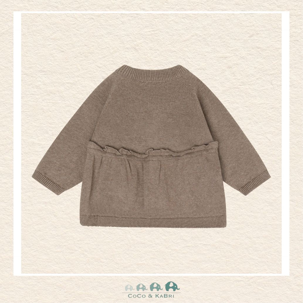 Back view of the Minymo Baby Girl Dark Brown Knit Cardigan showing the continuous heart knit pattern and the soft, seamless finish of the cotton-blend fabric