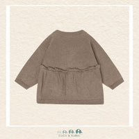 Back view of the Minymo Baby Girl Dark Brown Knit Cardigan showing the continuous heart knit pattern and the soft, seamless finish of the cotton-blend fabric