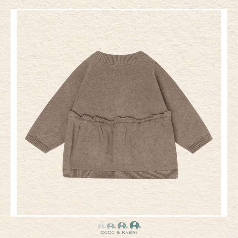 Back view of the Minymo Baby Girl Dark Brown Knit Cardigan showing the continuous heart knit pattern and the soft, seamless finish of the cotton-blend fabric