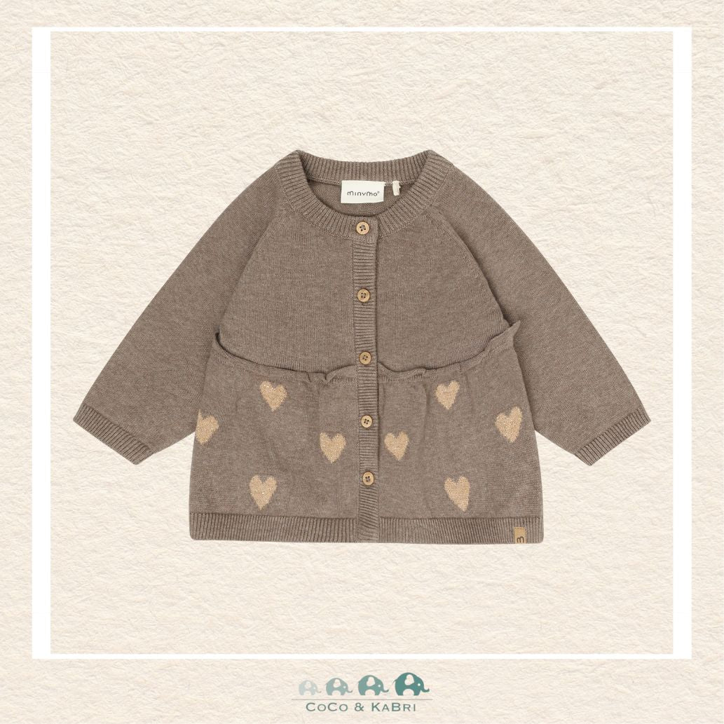 Front view of the Minymo Baby Girl Knit Cardigan in Dark Brown featuring a delicate heart pattern and a classic button-down front