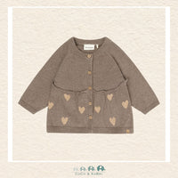 Front view of the Minymo Baby Girl Knit Cardigan in Dark Brown featuring a delicate heart pattern and a classic button-down front