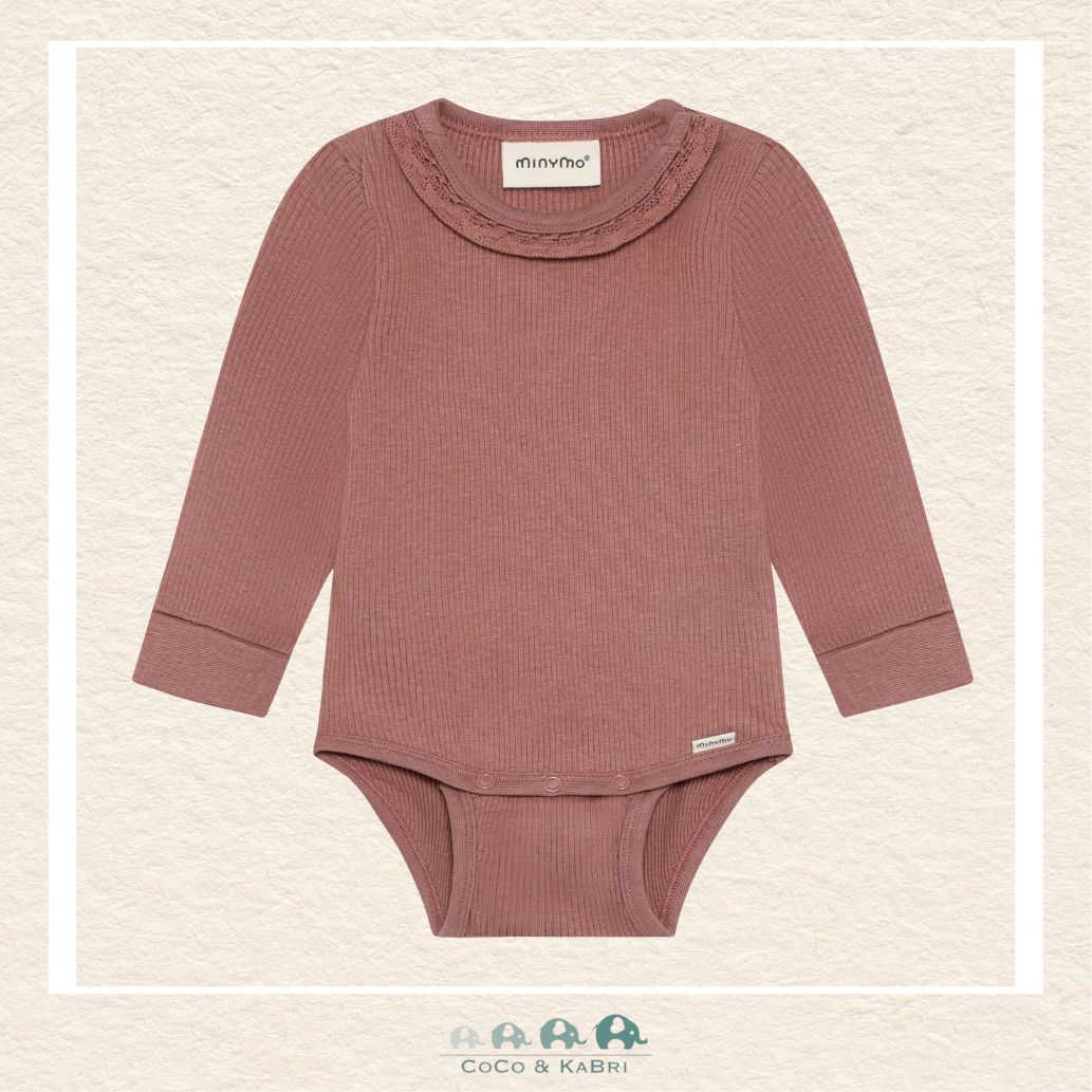 Front view of the Minymo Baby Girl Diaper Shirt in Burlwood featuring a premium ribbed texture, a soft rose-toned hue, and convenient snap closures