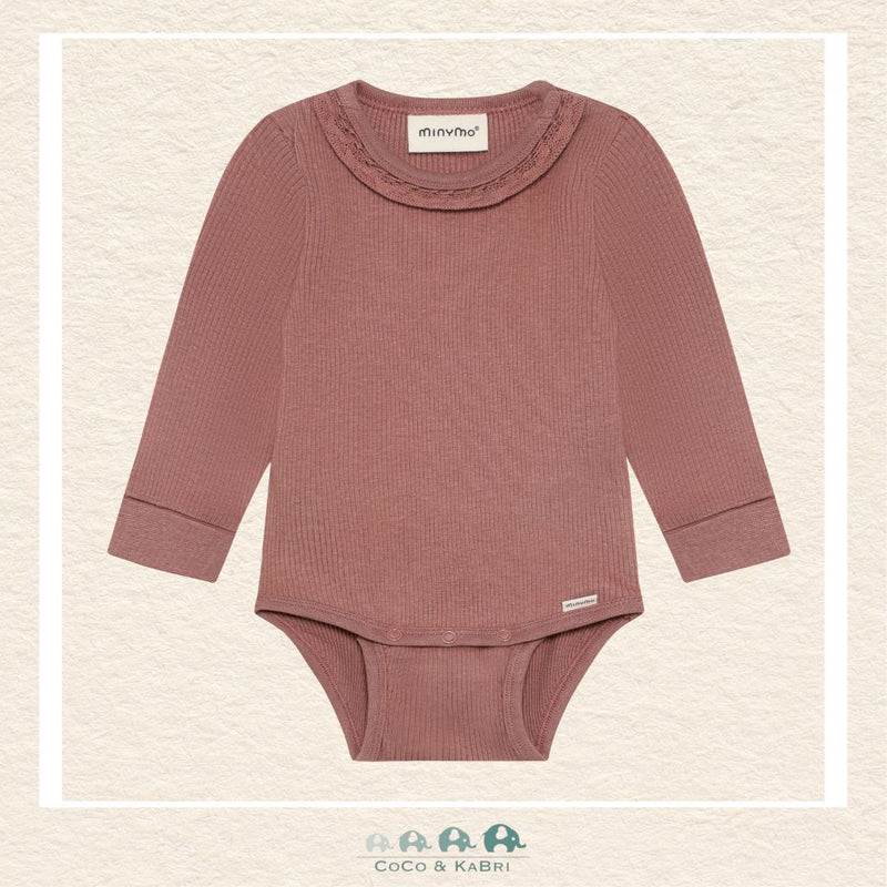 Front view of the Minymo Baby Girl Diaper Shirt in Burlwood featuring a premium ribbed texture, a soft rose-toned hue, and convenient snap closures