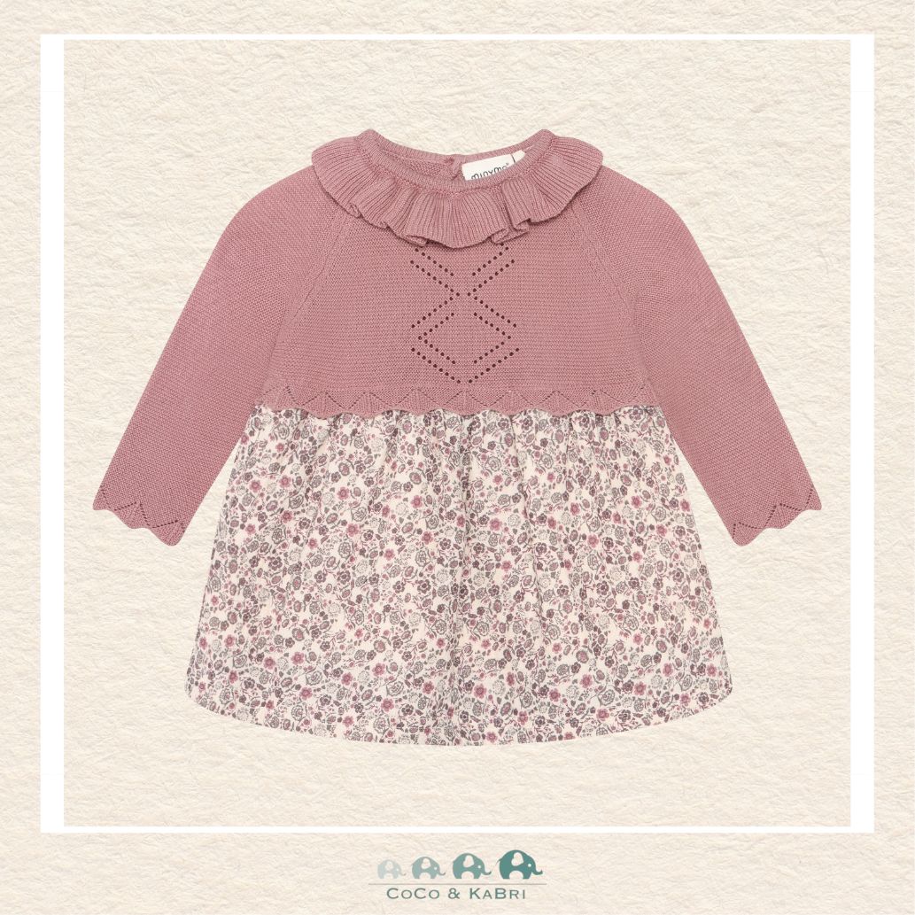 Front view of the Minymo Baby Girl Cotton Dress featuring a classic A-line silhouette and a soft, high-quality 100% cotton-knit texture