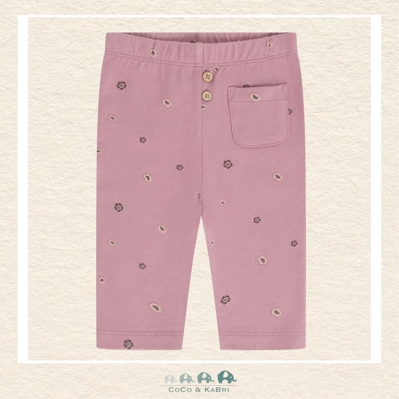 Front view of the Minymo Baby Girl Floral Sweat Pants featuring a soft botanical print and a comfortable elastic waistband for an easy fit