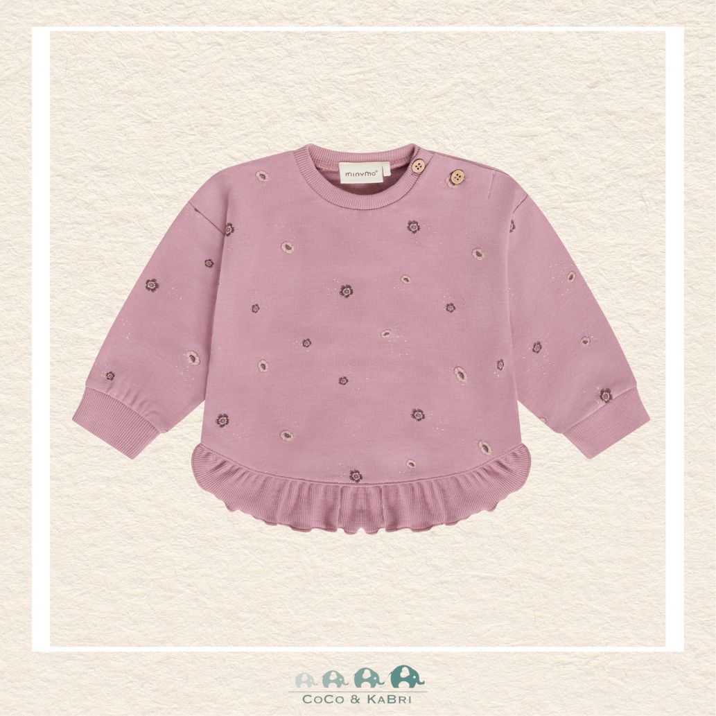 Front view of the Minymo Baby Girl Floral Sweatshirt featuring a delicate all-over botanical print and a comfortable ribbed crew neckline