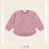Front view of the Minymo Baby Girl Floral Sweatshirt featuring a delicate all-over botanical print and a comfortable ribbed crew neckline