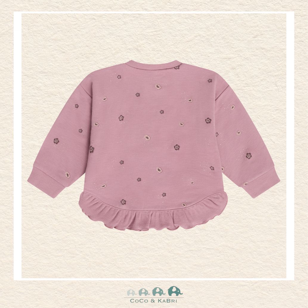 Back view of the floral sweatshirt showcasing the consistent pattern alignment and the soft, flexible knit construction designed for active infants