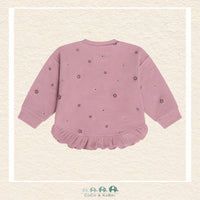 Back view of the floral sweatshirt showcasing the consistent pattern alignment and the soft, flexible knit construction designed for active infants