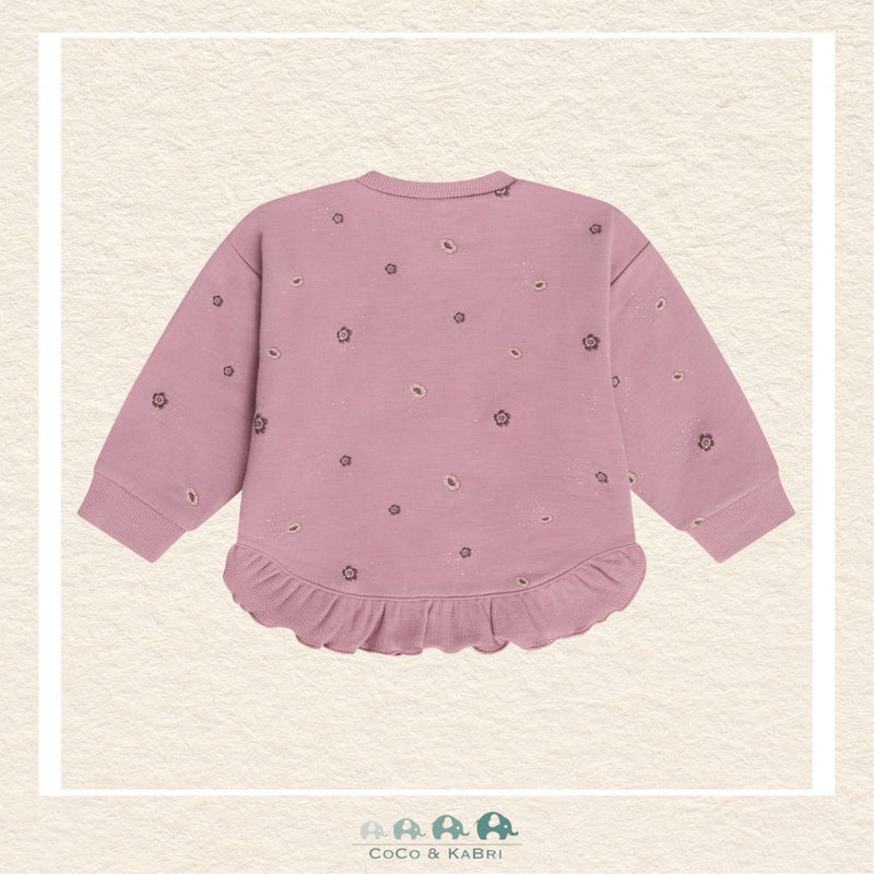 Back view of the floral sweatshirt showcasing the consistent pattern alignment and the soft, flexible knit construction designed for active infants