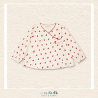 Front view of the Minymo Baby Girl Heart Blouse featuring a charming repeating heart print and a classic, lightweight 100% woven cotton construction