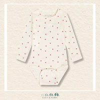 Front view of the Minymo Baby Girl Heart Diaper Shirt featuring a sweet all-over heart print and a comfortable envelope-style neckline