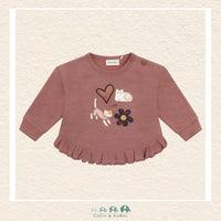 Front view of the Minymo Baby Girl Sweatshirt in Burlwood featuring a charming all-over kitten print on a soft, rose-toned knit background