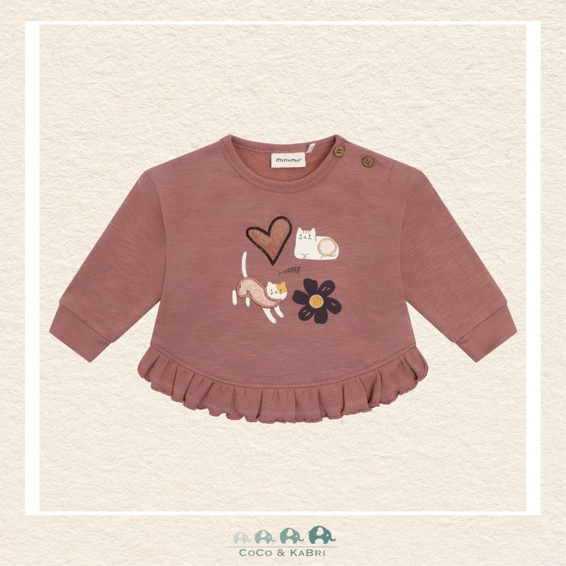 Front view of the Minymo Baby Girl Sweatshirt in Burlwood featuring a charming all-over kitten print on a soft, rose-toned knit background