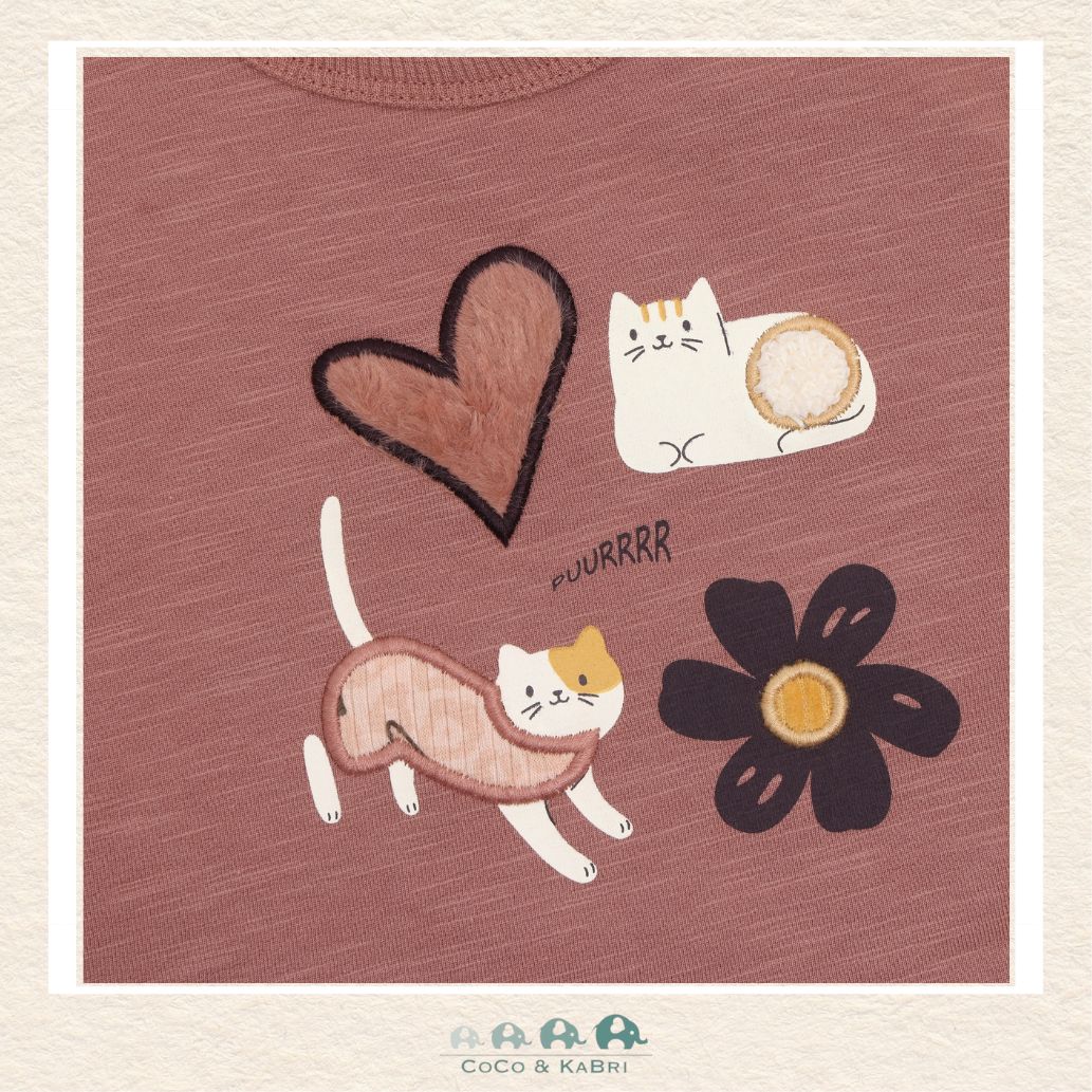 Close-up detail of the Minymo Sweatshirt highlighting the playful kitten illustrations and the premium, breathable texture of the Burlwood fabric