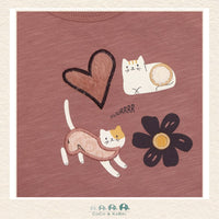 Close-up detail of the Minymo Sweatshirt highlighting the playful kitten illustrations and the premium, breathable texture of the Burlwood fabric