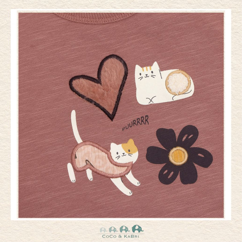 Close-up detail of the Minymo Sweatshirt highlighting the playful kitten illustrations and the premium, breathable texture of the Burlwood fabric
