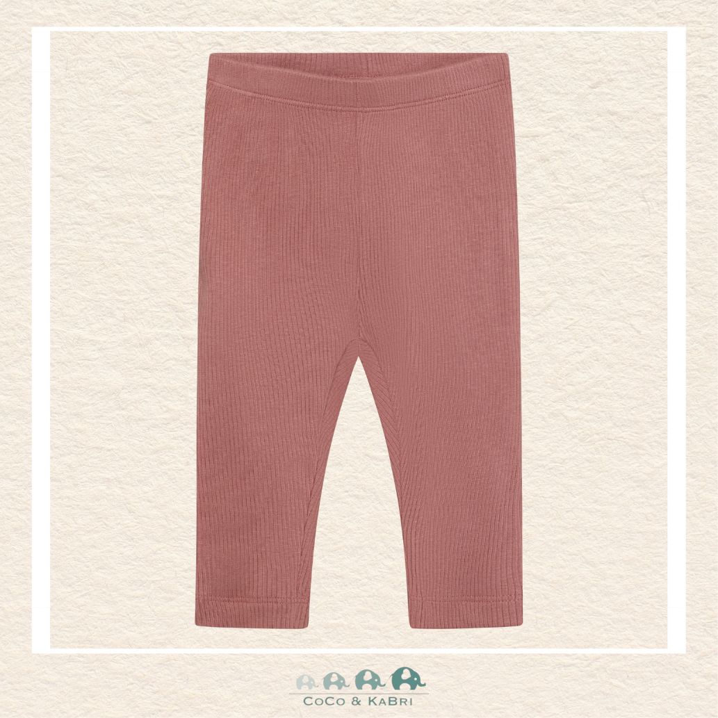 Front view of the Minymo Baby Girls Ribbed Leggings in Burlwood featuring a soft, flexible fit and a modern high-end ribbed texture