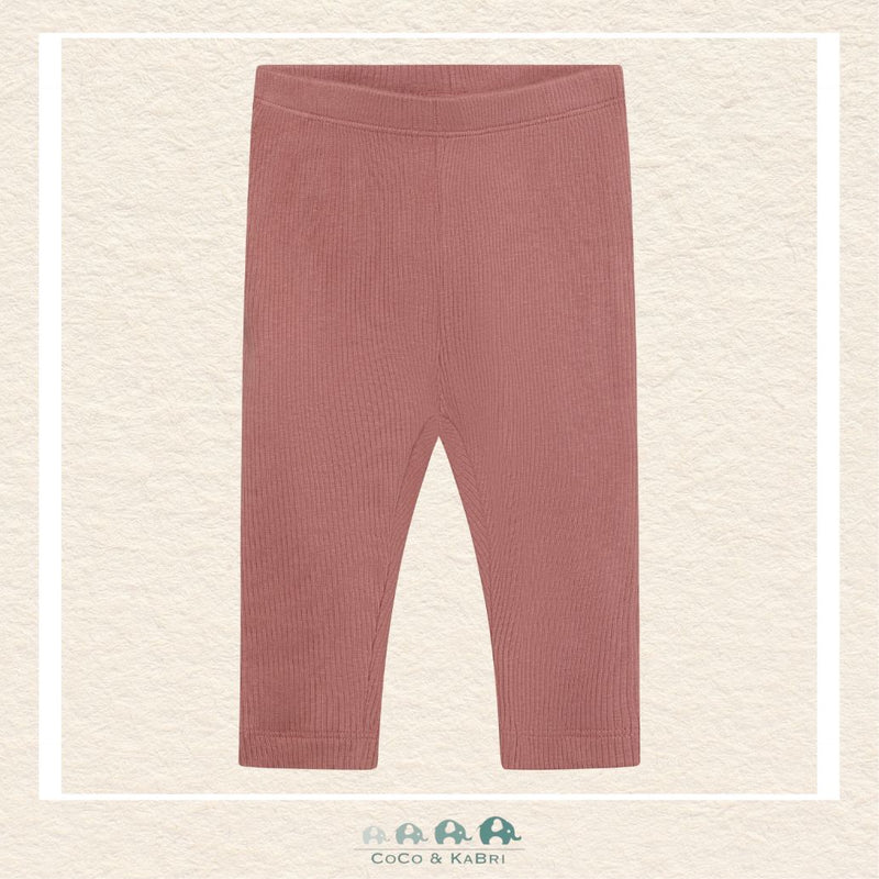 Front view of the Minymo Baby Girls Ribbed Leggings in Burlwood featuring a soft, flexible fit and a modern high-end ribbed texture