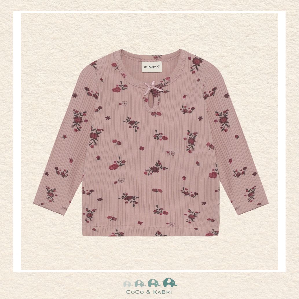 Front view of the Minymo Baby Girls Long Sleeve T-Shirt in Fawn featuring a modern ribbed texture and a soft, flexible crew neck design