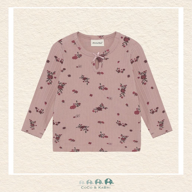 Front view of the Minymo Baby Girls Long Sleeve T-Shirt in Fawn featuring a modern ribbed texture and a soft, flexible crew neck design