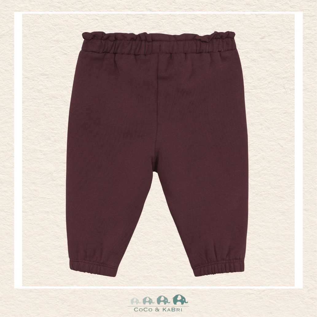Back view of the Minymo Huckleberry Joggers showing the smooth, durable 95% cotton and 5% elastane-knit construction designed for active infants