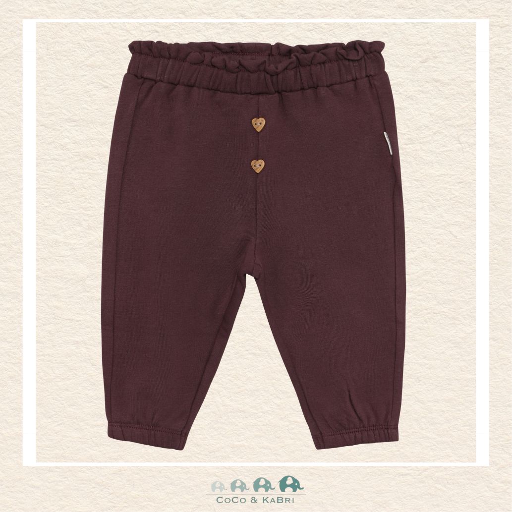 Front view of the Minymo Baby Girls Sweatpants in Huckleberry featuring a vibrant deep berry tone, a wide soft-elastic waistband, and ribbed ankle cuffs