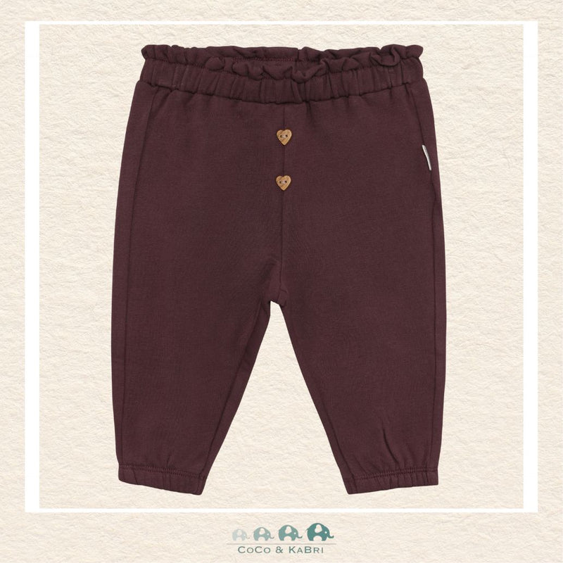 Front view of the Minymo Baby Girls Sweatpants in Huckleberry featuring a vibrant deep berry tone, a wide soft-elastic waistband, and ribbed ankle cuffs