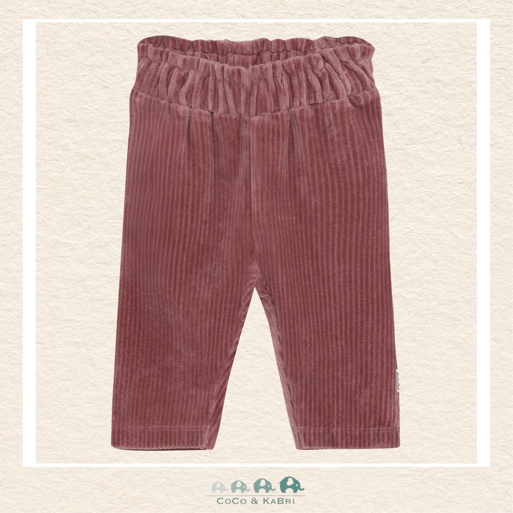 Front view of the Minymo Baby Girl Velour Pants featuring a plush, velvet-like finish and a soft elastic waistband for a secure, comfortable fit