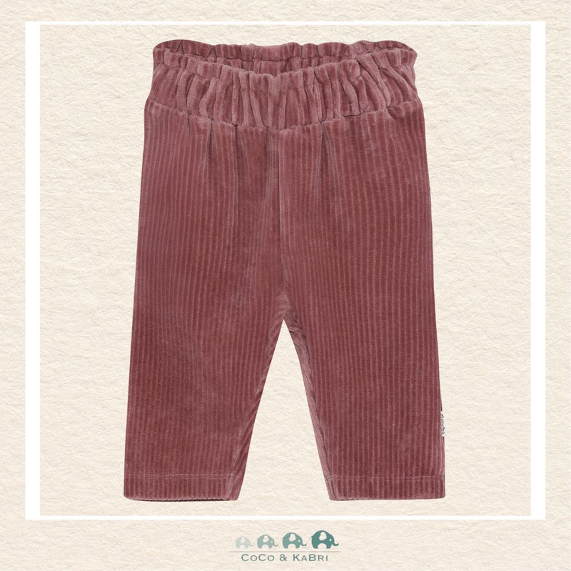 Front view of the Minymo Baby Girl Velour Pants featuring a plush, velvet-like finish and a soft elastic waistband for a secure, comfortable fit