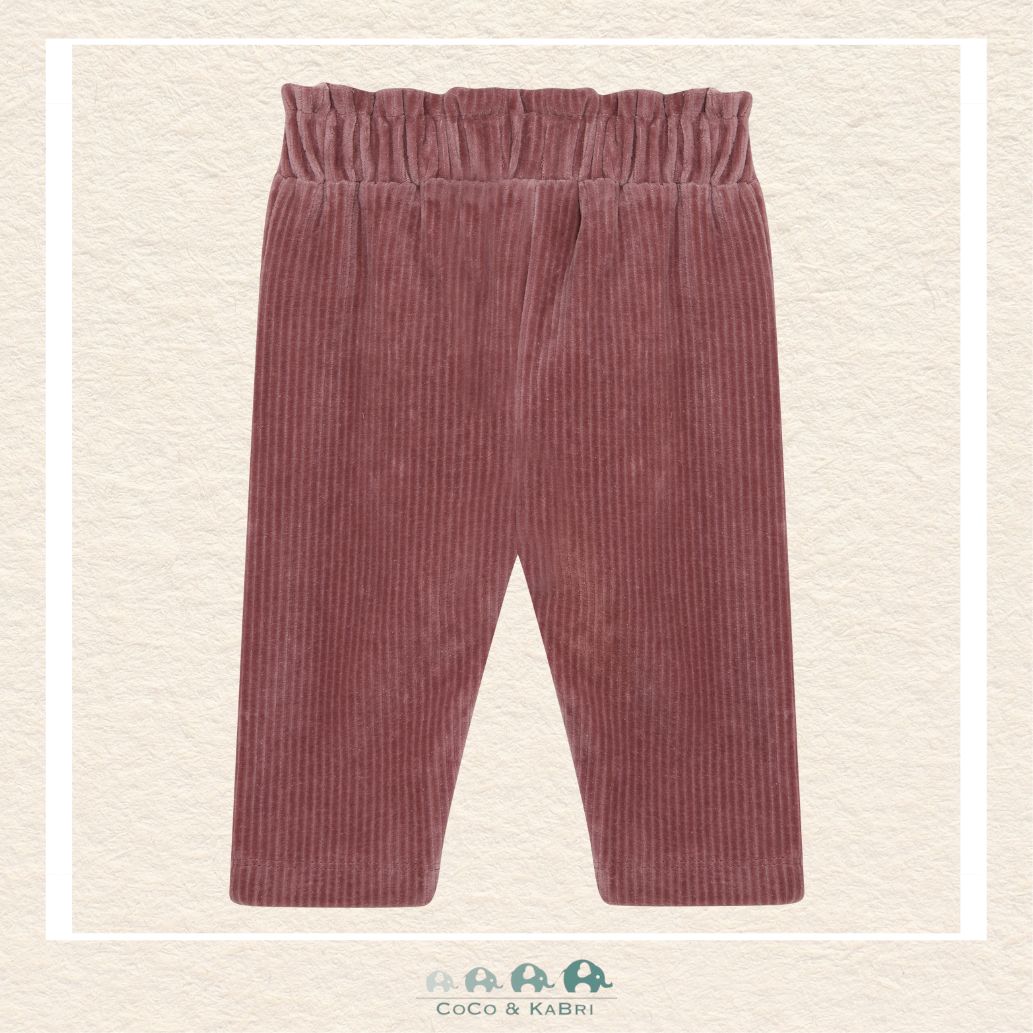 Back view of the velour pants demonstrating the clean, smooth silhouette and the stay-put waistband perfect for all-day play