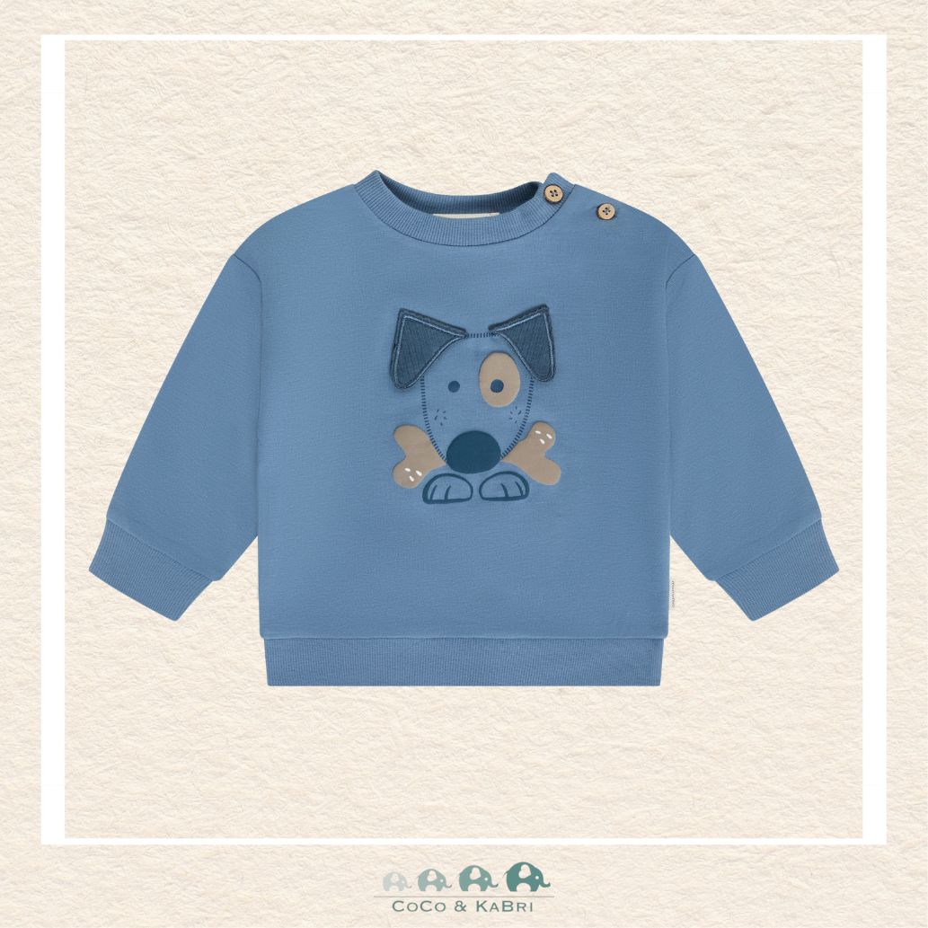 Front view of the Minymo Baby Boy Blue Sweatshirt featuring a playful dog with a bone graphic and a comfortable ribbed crew neckline